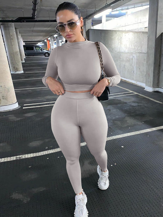 Damen Figurbetontes Sport-Zweiteiler-Set mit Langarm-Crop-Top und hochtaillierten Leggings Shop Nory