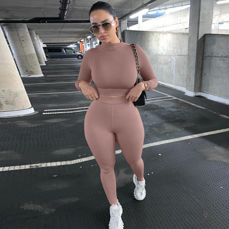 Damen Figurbetontes Sport-Zweiteiler-Set mit Langarm-Crop-Top und hochtaillierten Leggings Shop Nory