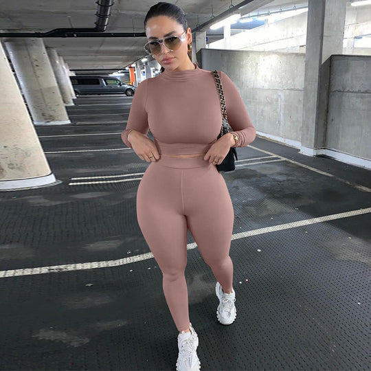 Damen Figurbetontes Sport-Zweiteiler-Set mit Langarm-Crop-Top und hochtaillierten Leggings Shop Nory