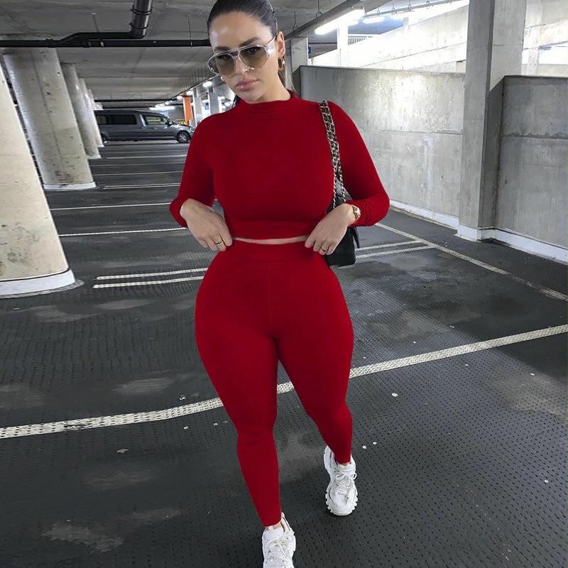 Damen Figurbetontes Sport-Zweiteiler-Set mit Langarm-Crop-Top und hochtaillierten Leggings Shop Nory