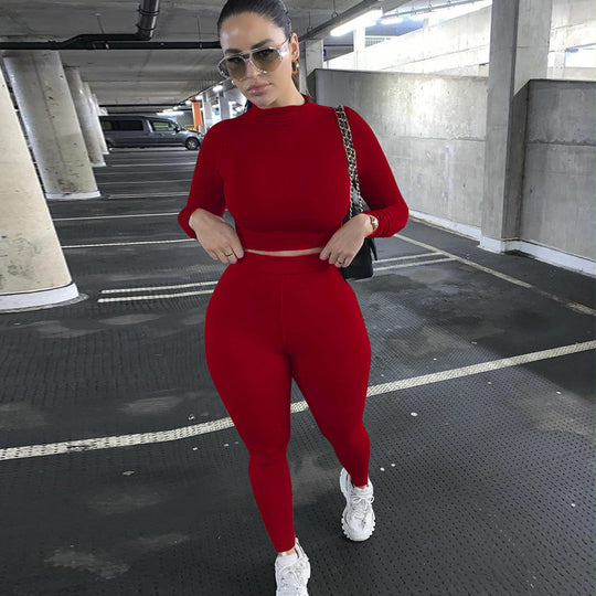 Damen Figurbetontes Sport-Zweiteiler-Set mit Langarm-Crop-Top und hochtaillierten Leggings Shop Nory