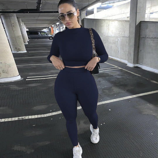 Damen Figurbetontes Sport-Zweiteiler-Set mit Langarm-Crop-Top und hochtaillierten Leggings Shop Nory