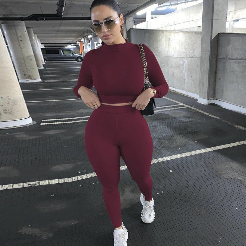 Damen Figurbetontes Sport-Zweiteiler-Set mit Langarm-Crop-Top und hochtaillierten Leggings Shop Nory