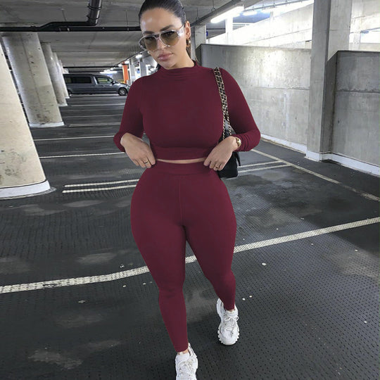 Damen Figurbetontes Sport-Zweiteiler-Set mit Langarm-Crop-Top und hochtaillierten Leggings Shop Nory
