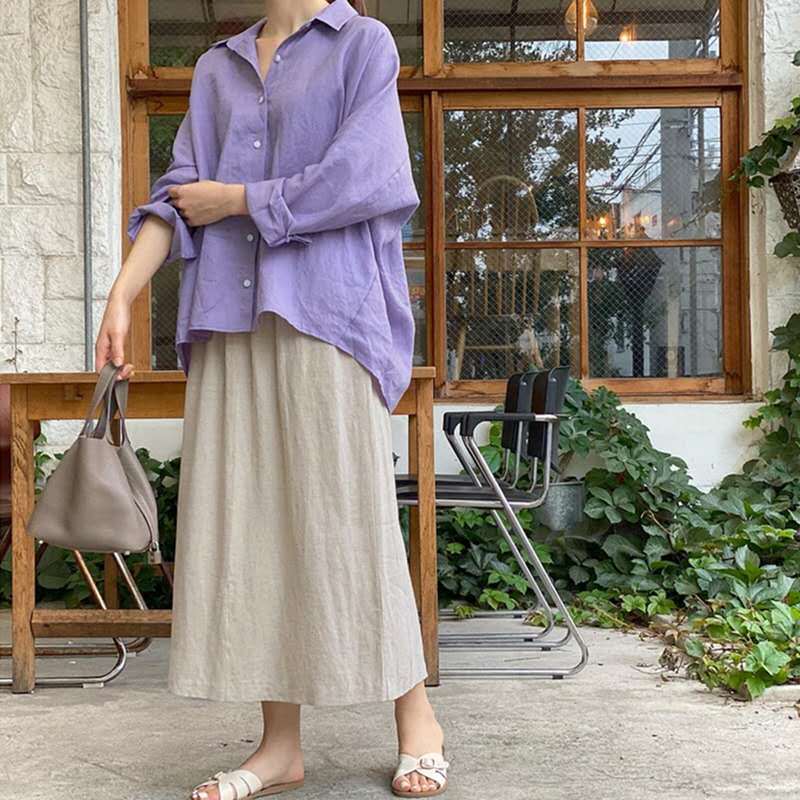 Damen Leichte Oversize-Leinenbluse mit Hemdkragen und abgerundetem Saum Shop Nory