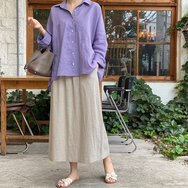 Damen Leichte Oversize-Leinenbluse mit Hemdkragen und abgerundetem Saum Shop Nory