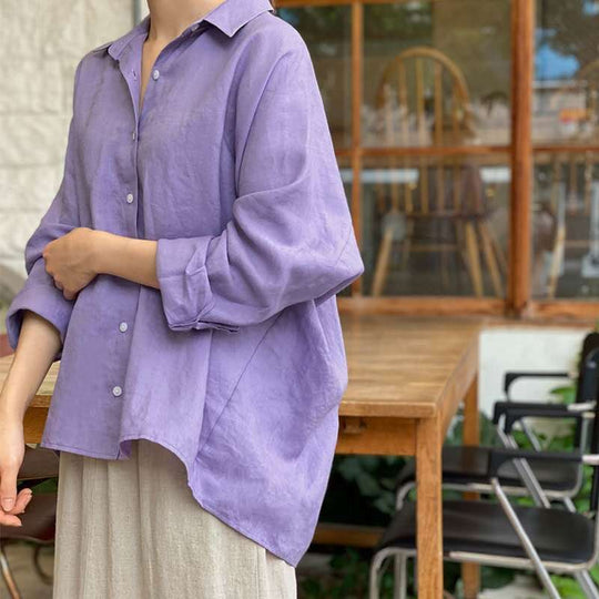 Damen Leichte Oversize-Leinenbluse mit Hemdkragen und abgerundetem Saum Shop Nory