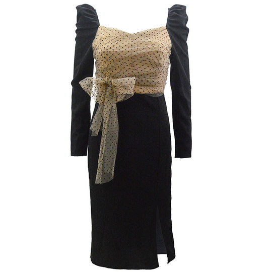 Damen Elegantes Midikleid mit transparentem Punkt-Chiffon-Oberteil, Puffärmeln & Taillenschärpe Shop Nory