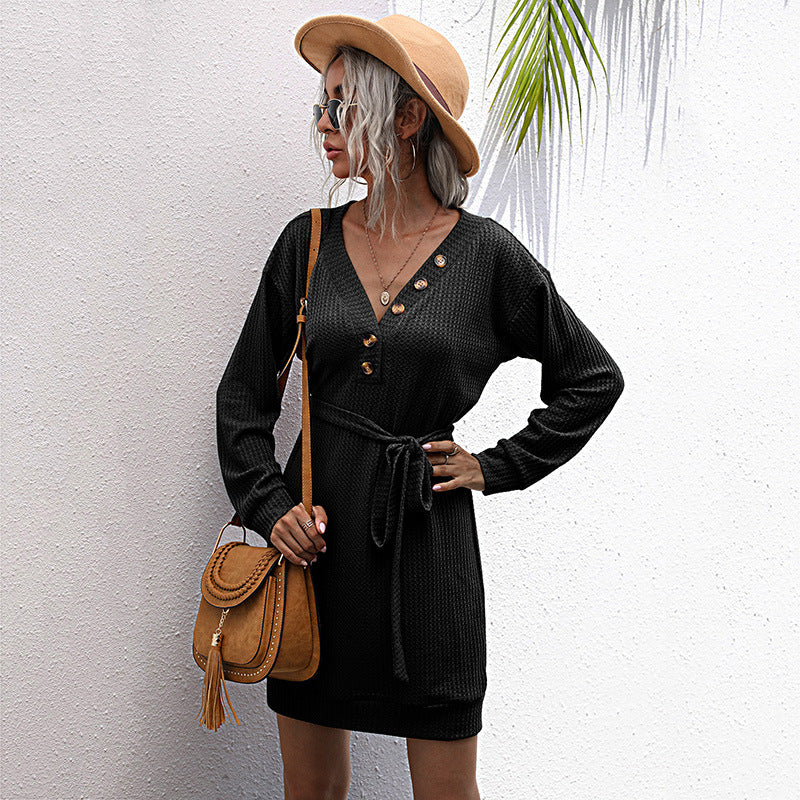 Damen Waffelstrick-Minikleid mit V-Ausschnitt, Zierknopfleiste & Taillengürtel Shop Nory