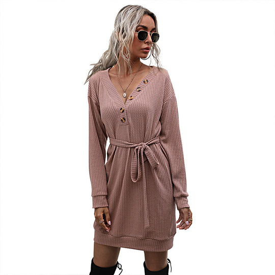 Damen Waffelstrick-Minikleid mit V-Ausschnitt, Zierknopfleiste & Taillengürtel Shop Nory