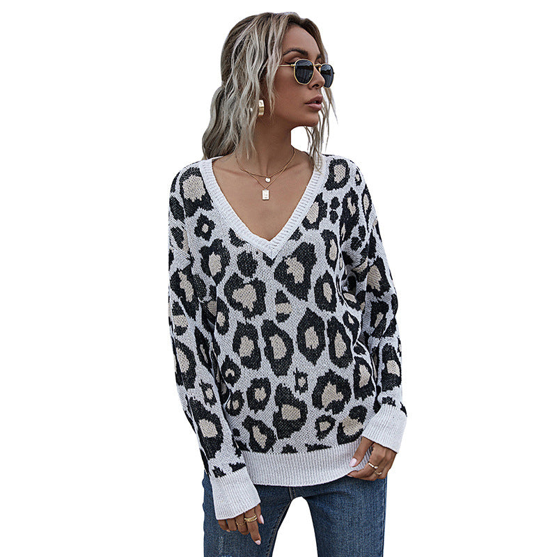 Damen Oversize V-Ausschnitt Strickpullover mit Leopardenmuster und Rippbündchen Shop Nory