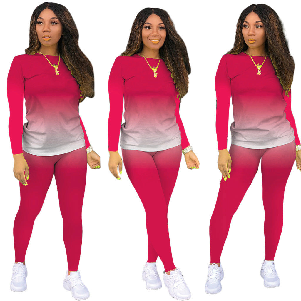 Damen Sportliches zweiteiliges Set mit Langarm-Ombre-Shirt und Highwaist-Leggings Shop Nory