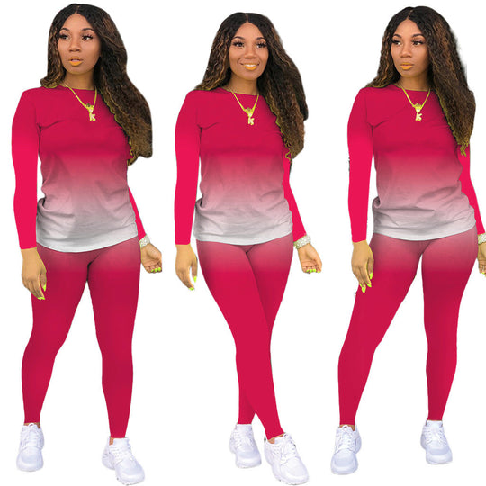 Damen Sportliches zweiteiliges Set mit Langarm-Ombre-Shirt und Highwaist-Leggings Shop Nory