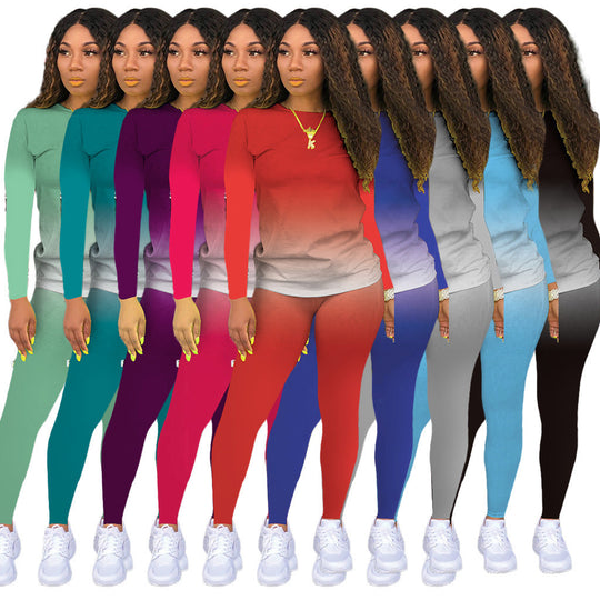 Damen Sportliches zweiteiliges Set mit Langarm-Ombre-Shirt und Highwaist-Leggings Shop Nory