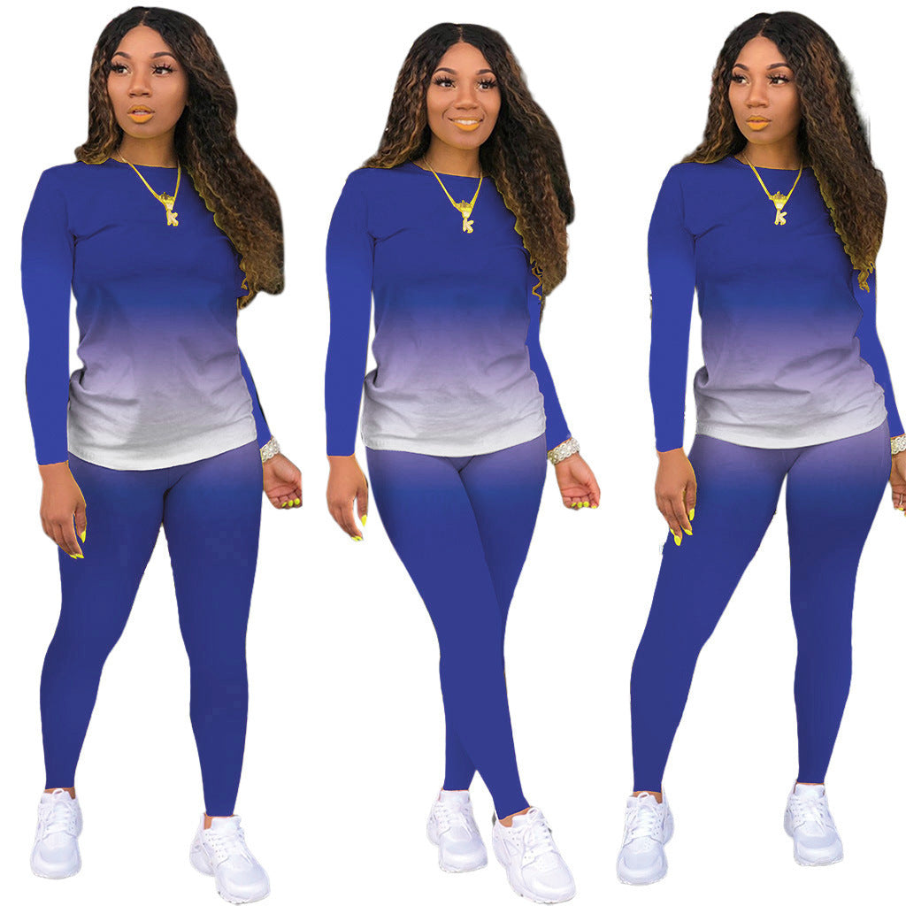 Damen Sportliches zweiteiliges Set mit Langarm-Ombre-Shirt und Highwaist-Leggings Shop Nory