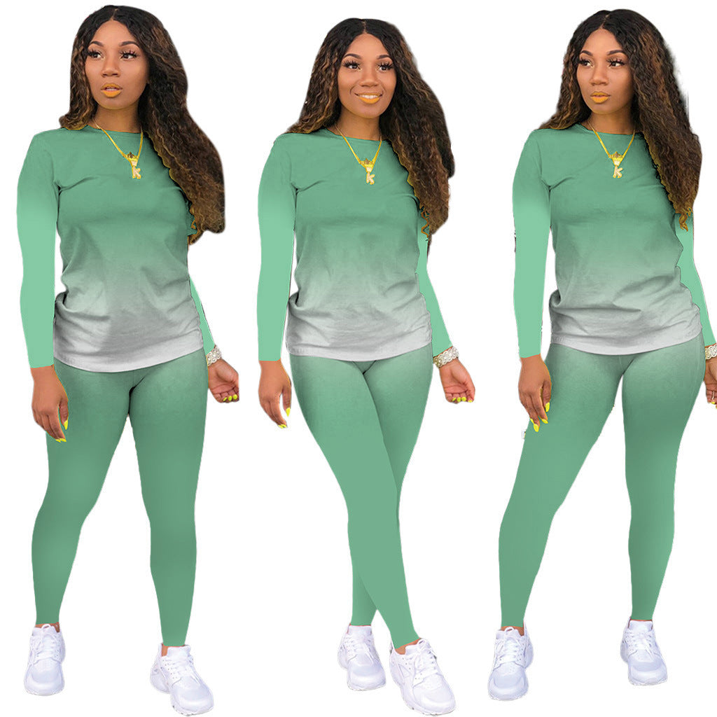 Damen Sportliches zweiteiliges Set mit Langarm-Ombre-Shirt und Highwaist-Leggings Shop Nory