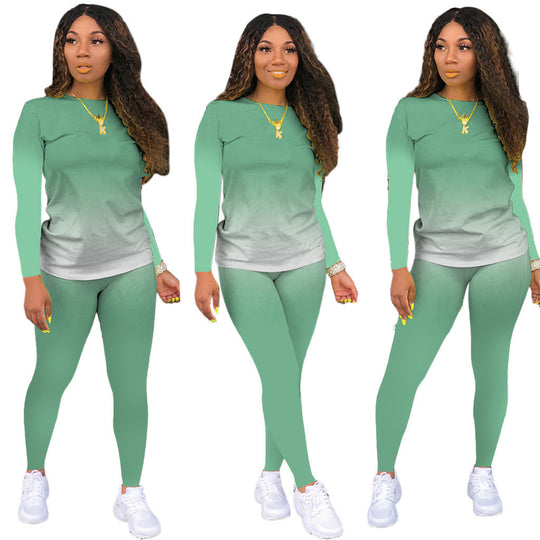 Damen Sportliches zweiteiliges Set mit Langarm-Ombre-Shirt und Highwaist-Leggings Shop Nory