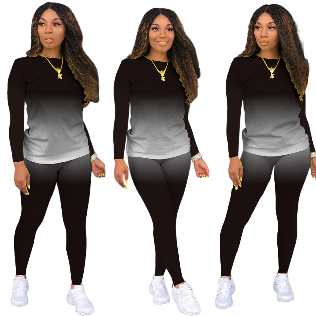 Damen Sportliches zweiteiliges Set mit Langarm-Ombre-Shirt und Highwaist-Leggings Shop Nory