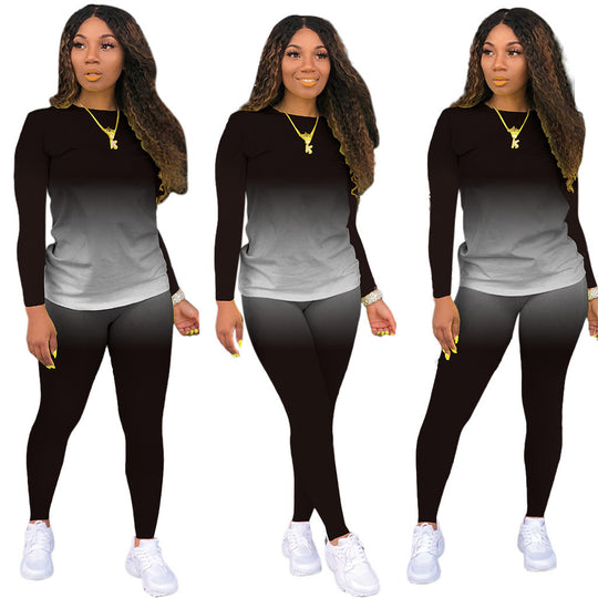 Damen Sportliches zweiteiliges Set mit Langarm-Ombre-Shirt und Highwaist-Leggings Shop Nory