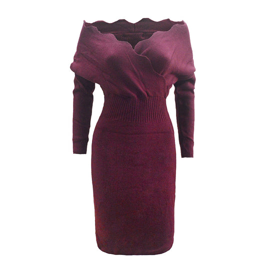 Damen Figurbetontes Strick-Midikleid mit Carmen‑Ausschnitt, tailliertem Rippbund & langen Ärmeln Shop Nory