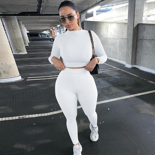 Damen Figurbetontes Sport-Zweiteiler-Set mit Langarm-Crop-Top und hochtaillierten Leggings Shop Nory