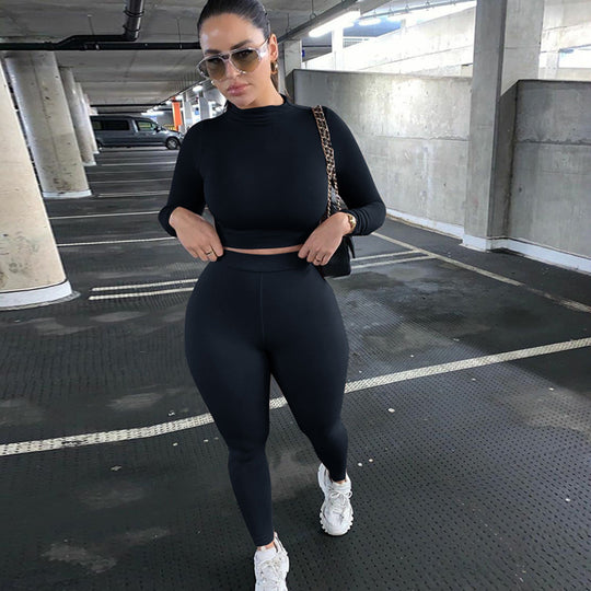 Damen Figurbetontes Sport-Zweiteiler-Set mit Langarm-Crop-Top und hochtaillierten Leggings Shop Nory