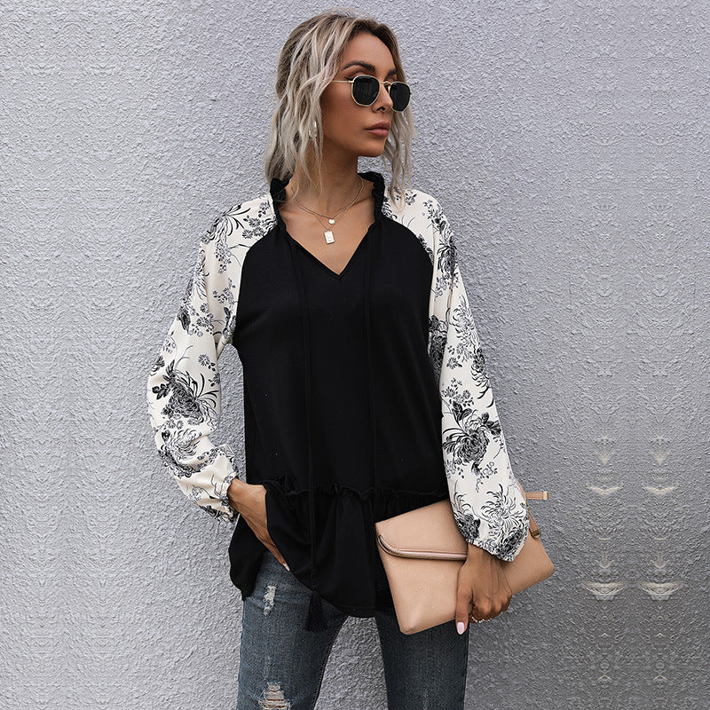 Damen Viskose-Longbluse mit V-Ausschnitt, Rüschen-Taille und kontrastierenden Raglanärmeln Shop Nory