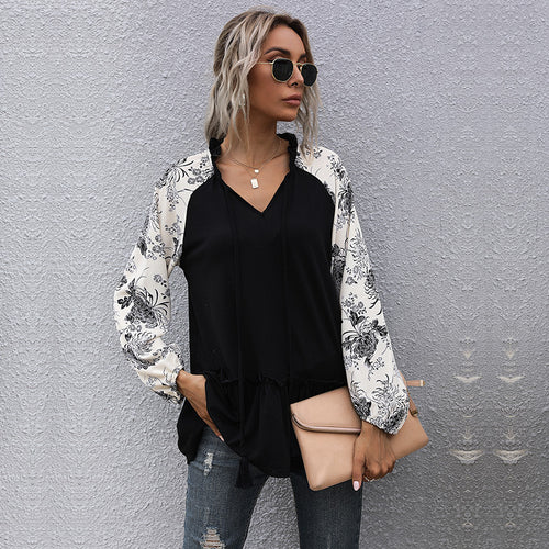 Damen Viskose-Longbluse mit V-Ausschnitt, Rüschen-Taille und kontrastierenden Raglanärmeln Shop Nory