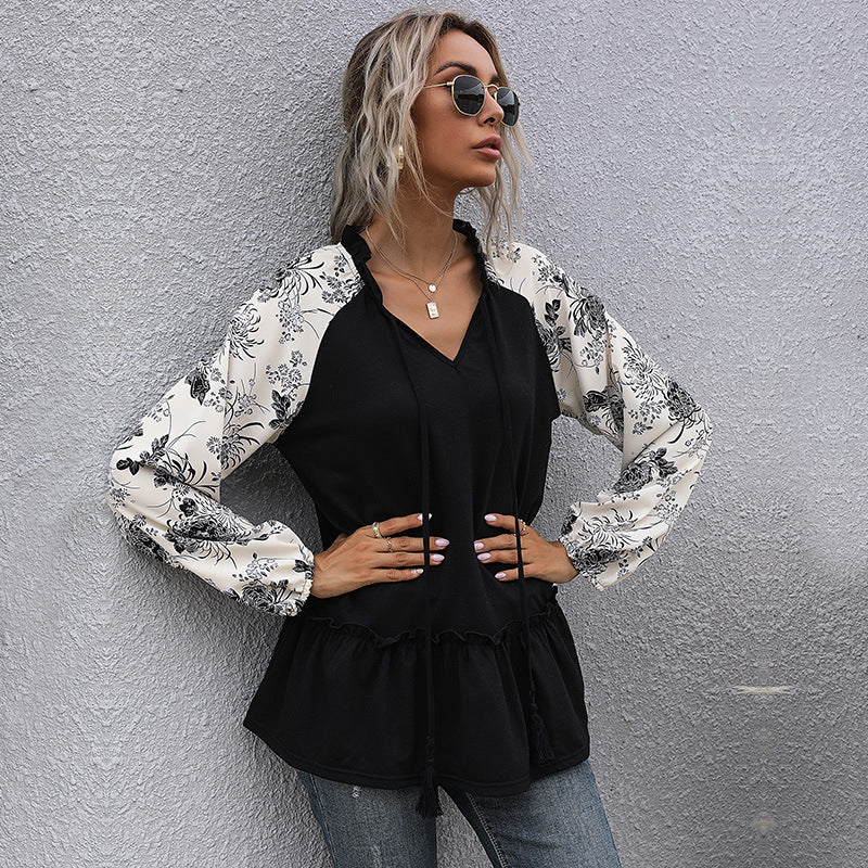 Damen Viskose-Longbluse mit V-Ausschnitt, Rüschen-Taille und kontrastierenden Raglanärmeln Shop Nory
