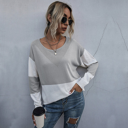 Damen Lässiger Strickpullover mit V-Ausschnitt und Farbblock Shop Nory
