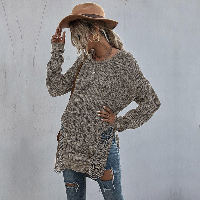 Damen Grobstrick-Longpullover mit seitlichen Fransen und geripptem Saum Shop Nory