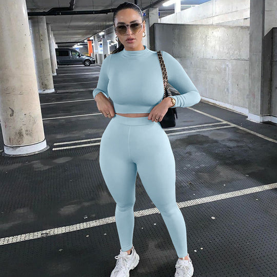 Damen Figurbetontes Sport-Zweiteiler-Set mit Langarm-Crop-Top und hochtaillierten Leggings Shop Nory