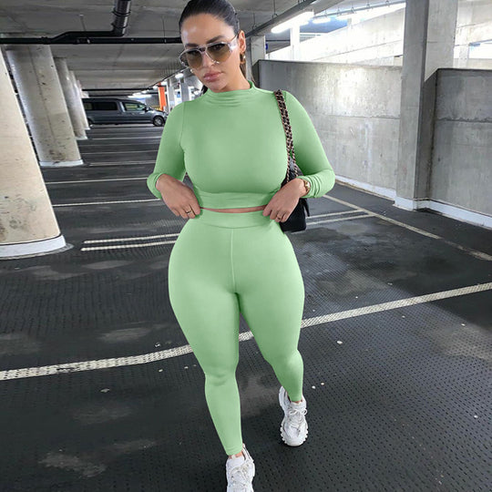 Damen Figurbetontes Sport-Zweiteiler-Set mit Langarm-Crop-Top und hochtaillierten Leggings Shop Nory