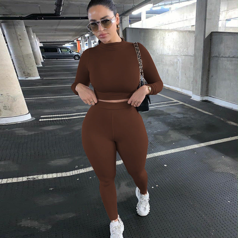 Damen Figurbetontes Sport-Zweiteiler-Set mit Langarm-Crop-Top und hochtaillierten Leggings Shop Nory