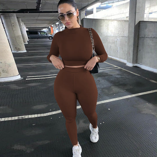 Damen Figurbetontes Sport-Zweiteiler-Set mit Langarm-Crop-Top und hochtaillierten Leggings Shop Nory