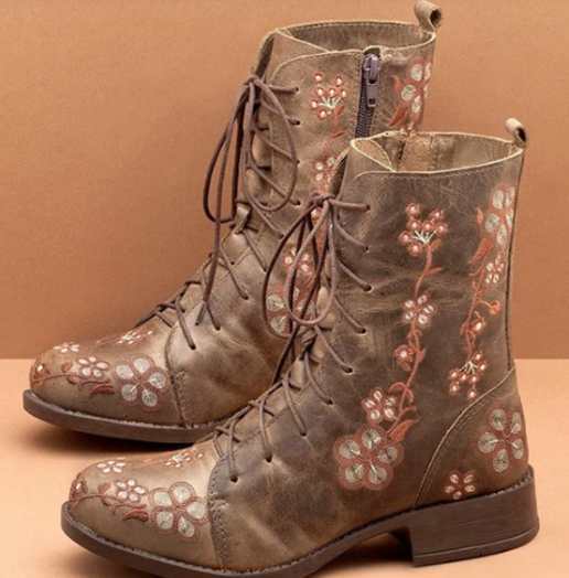 Damen bestickte Combat-Stiefelette mit floralem Stickmotiv, seitlicher Reißverschluss und gepolstertem Komfortfußbett Shop Nory