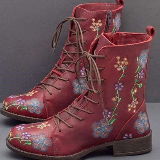 Damen bestickte Combat-Stiefelette mit floralem Stickmotiv, seitlicher Reißverschluss und gepolstertem Komfortfußbett Shop Nory