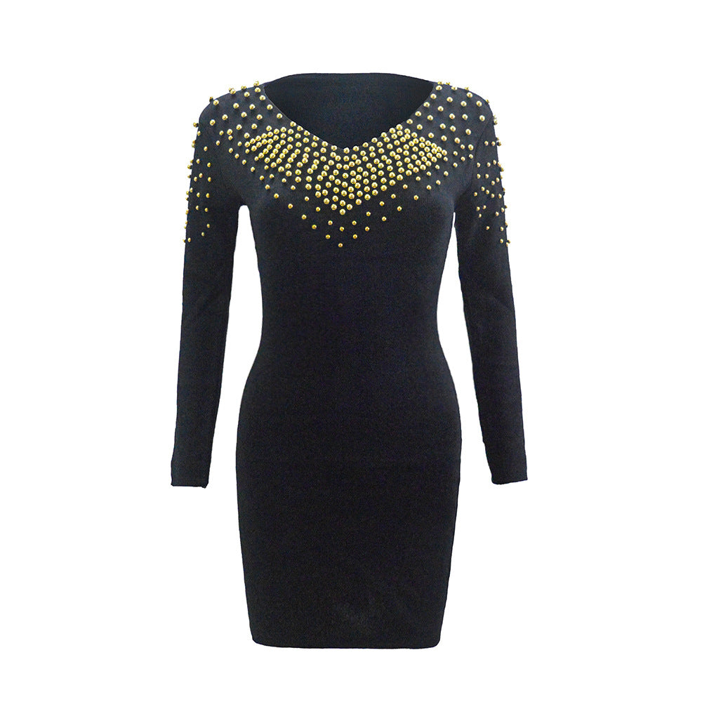 Damen Figurbetontes Stretch‑Minikleid mit V‑Ausschnitt und Nietenbesatz Shop Nory
