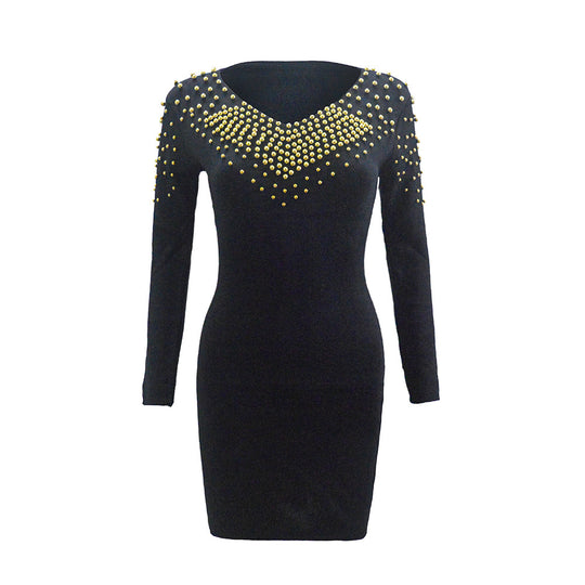 Damen Figurbetontes Stretch‑Minikleid mit V‑Ausschnitt und Nietenbesatz Shop Nory