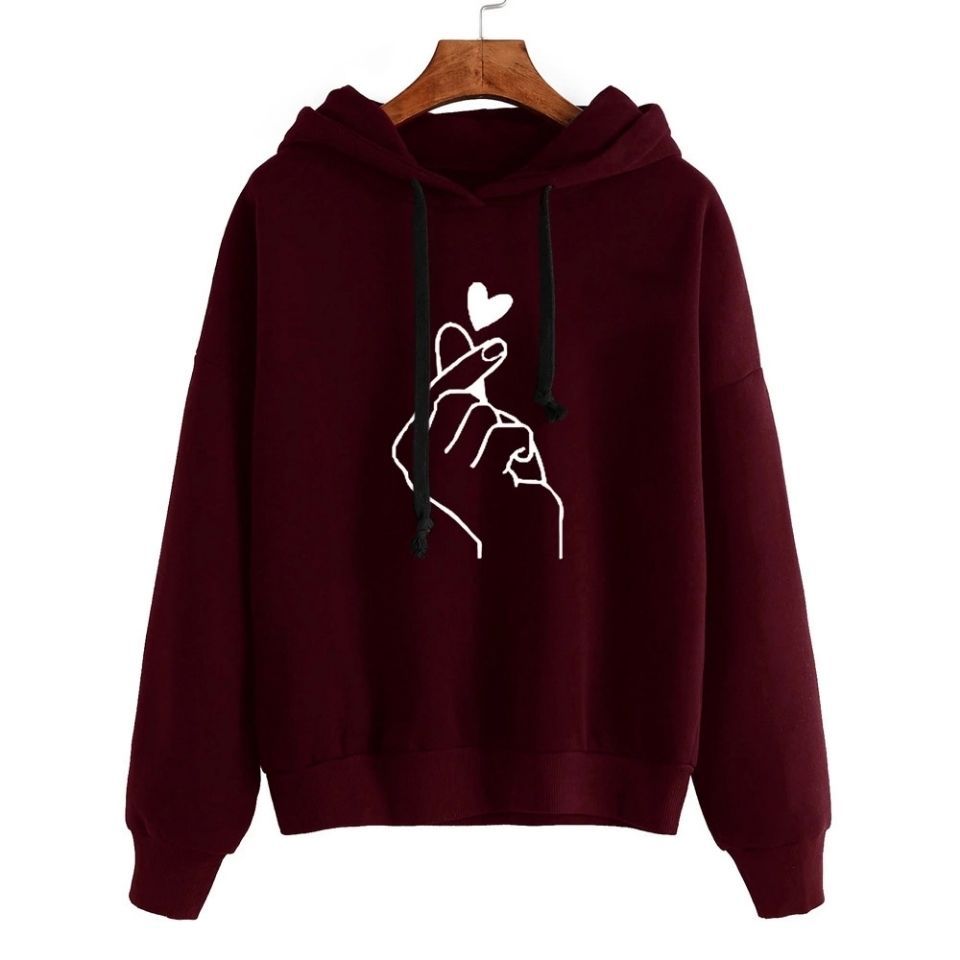 Damen Oversize-Kapuzenpullover mit Fingerherz‑Print und Kordelzug Shop Nory