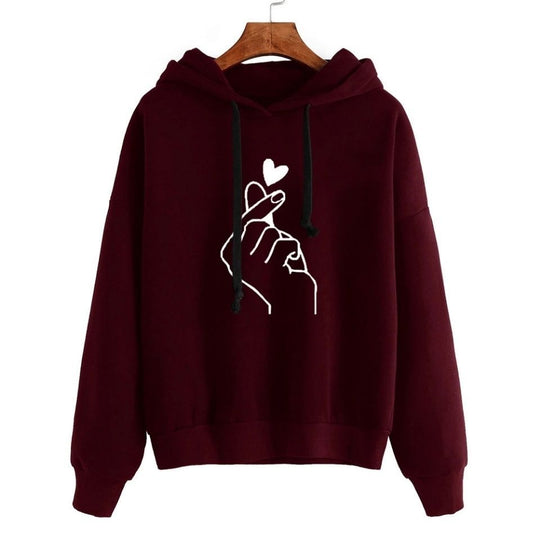 Damen Oversize-Kapuzenpullover mit Fingerherz‑Print und Kordelzug Shop Nory