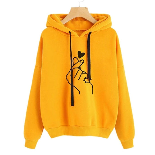 Damen Oversize-Kapuzenpullover mit Fingerherz‑Print und Kordelzug Shop Nory