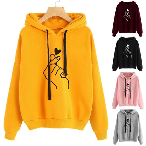 Damen Oversize-Kapuzenpullover mit Fingerherz‑Print und Kordelzug Shop Nory