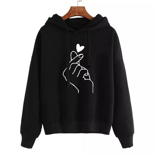 Damen Oversize-Kapuzenpullover mit Fingerherz‑Print und Kordelzug Shop Nory