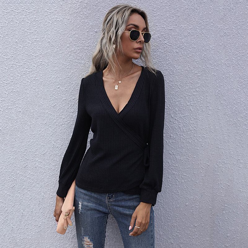 Damen Taillierter Ripp-Wrap-Pullover mit V‑Ausschnitt und Zierknoten Shop Nory