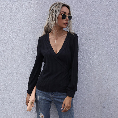 Damen Taillierter Ripp-Wrap-Pullover mit V‑Ausschnitt und Zierknoten Shop Nory