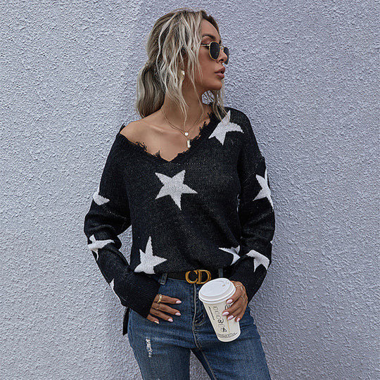 Damen Grobstrick-Pullover mit Sternenjacquard, ausgefranster V-Ausschnitt und lässiger Longline-Silhouette Shop Nory