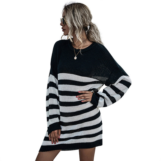 Damen Modisches Strickkleid mit gestreiftem Design Shop Nory