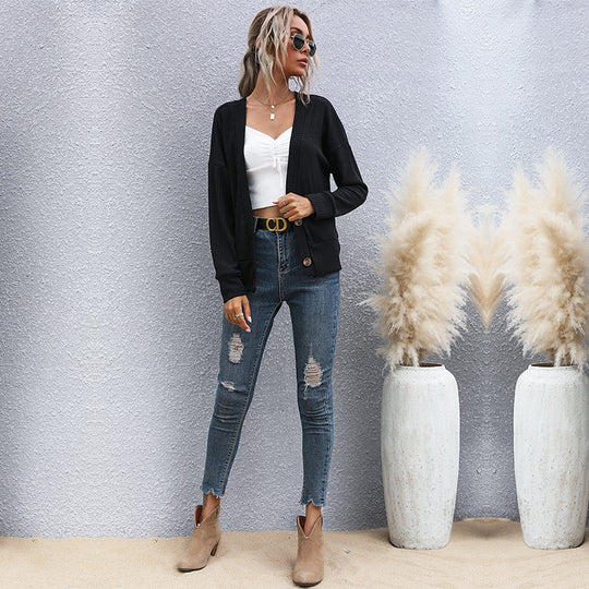Damen Offene Feinstrick-Cardigan mit Rippenstruktur, Knopfleiste und lockerer Passform Shop Nory