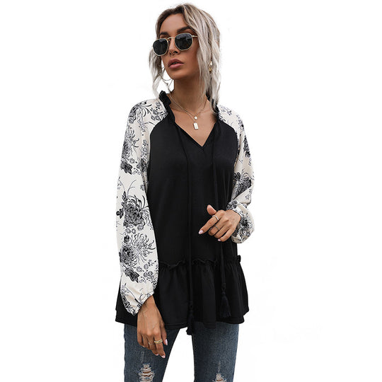 Damen Viskose-Longbluse mit V-Ausschnitt, Rüschen-Taille und kontrastierenden Raglanärmeln Shop Nory